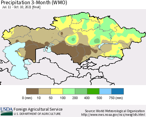 Kazakhstan Precipitation 3-Month (WMO) Thematic Map For 7/11/2021 - 10/10/2021