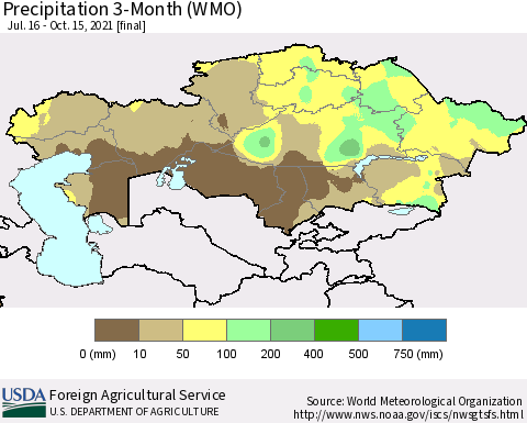 Kazakhstan Precipitation 3-Month (WMO) Thematic Map For 7/16/2021 - 10/15/2021