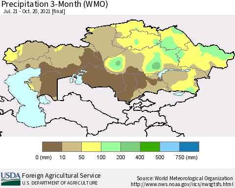 Kazakhstan Precipitation 3-Month (WMO) Thematic Map For 7/21/2021 - 10/20/2021