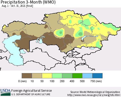 Kazakhstan Precipitation 3-Month (WMO) Thematic Map For 8/1/2021 - 10/31/2021
