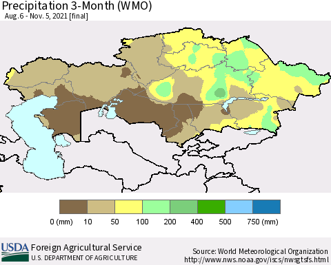 Kazakhstan Precipitation 3-Month (WMO) Thematic Map For 8/6/2021 - 11/5/2021