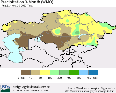 Kazakhstan Precipitation 3-Month (WMO) Thematic Map For 8/11/2021 - 11/10/2021