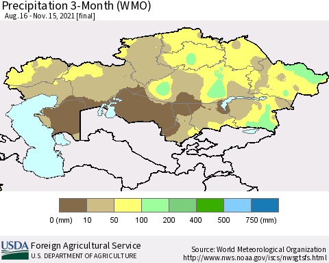 Kazakhstan Precipitation 3-Month (WMO) Thematic Map For 8/16/2021 - 11/15/2021