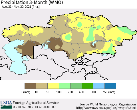 Kazakhstan Precipitation 3-Month (WMO) Thematic Map For 8/21/2021 - 11/20/2021