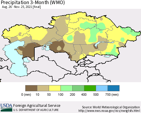 Kazakhstan Precipitation 3-Month (WMO) Thematic Map For 8/26/2021 - 11/25/2021