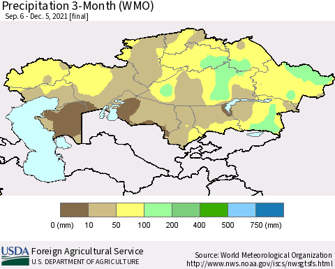 Kazakhstan Precipitation 3-Month (WMO) Thematic Map For 9/6/2021 - 12/5/2021