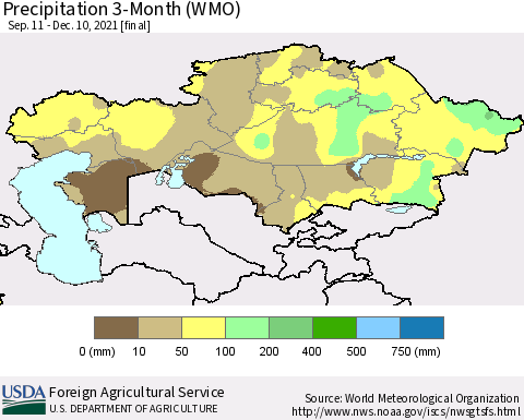 Kazakhstan Precipitation 3-Month (WMO) Thematic Map For 9/11/2021 - 12/10/2021
