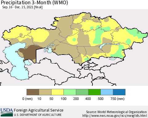 Kazakhstan Precipitation 3-Month (WMO) Thematic Map For 9/16/2021 - 12/15/2021
