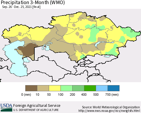 Kazakhstan Precipitation 3-Month (WMO) Thematic Map For 9/26/2021 - 12/25/2021