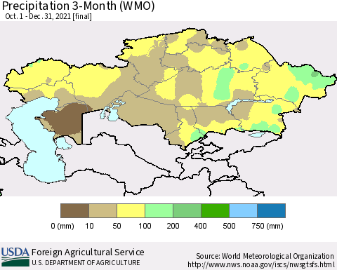 Kazakhstan Precipitation 3-Month (WMO) Thematic Map For 10/1/2021 - 12/31/2021