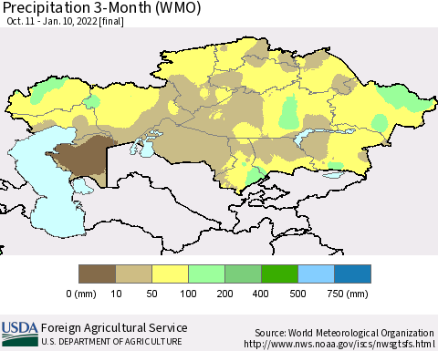 Kazakhstan Precipitation 3-Month (WMO) Thematic Map For 10/11/2021 - 1/10/2022