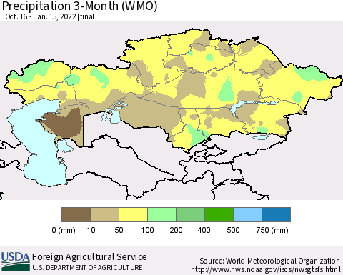 Kazakhstan Precipitation 3-Month (WMO) Thematic Map For 10/16/2021 - 1/15/2022