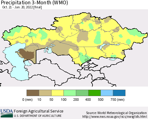 Kazakhstan Precipitation 3-Month (WMO) Thematic Map For 10/21/2021 - 1/20/2022