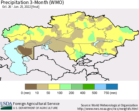 Kazakhstan Precipitation 3-Month (WMO) Thematic Map For 10/26/2021 - 1/25/2022