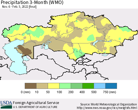 Kazakhstan Precipitation 3-Month (WMO) Thematic Map For 11/6/2021 - 2/5/2022