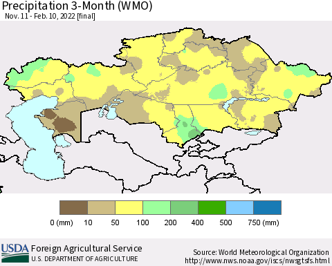 Kazakhstan Precipitation 3-Month (WMO) Thematic Map For 11/11/2021 - 2/10/2022