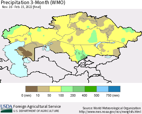 Kazakhstan Precipitation 3-Month (WMO) Thematic Map For 11/16/2021 - 2/15/2022