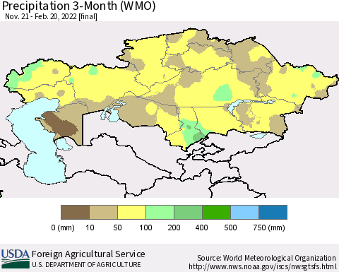 Kazakhstan Precipitation 3-Month (WMO) Thematic Map For 11/21/2021 - 2/20/2022