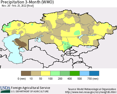 Kazakhstan Precipitation 3-Month (WMO) Thematic Map For 11/26/2021 - 2/25/2022