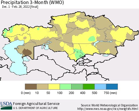 Kazakhstan Precipitation 3-Month (WMO) Thematic Map For 12/1/2021 - 2/28/2022