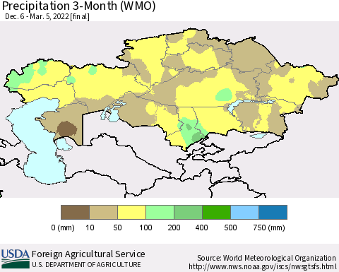 Kazakhstan Precipitation 3-Month (WMO) Thematic Map For 12/6/2021 - 3/5/2022