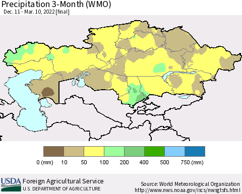 Kazakhstan Precipitation 3-Month (WMO) Thematic Map For 12/11/2021 - 3/10/2022