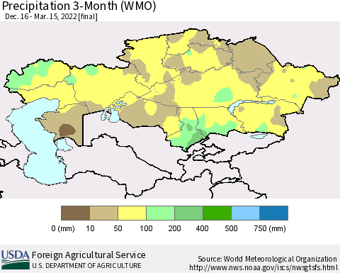 Kazakhstan Precipitation 3-Month (WMO) Thematic Map For 12/16/2021 - 3/15/2022