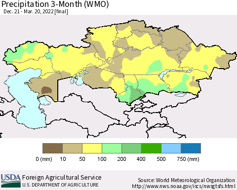 Kazakhstan Precipitation 3-Month (WMO) Thematic Map For 12/21/2021 - 3/20/2022