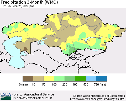 Kazakhstan Precipitation 3-Month (WMO) Thematic Map For 12/26/2021 - 3/25/2022