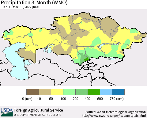 Kazakhstan Precipitation 3-Month (WMO) Thematic Map For 1/1/2022 - 3/31/2022