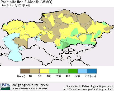 Kazakhstan Precipitation 3-Month (WMO) Thematic Map For 1/6/2022 - 4/5/2022