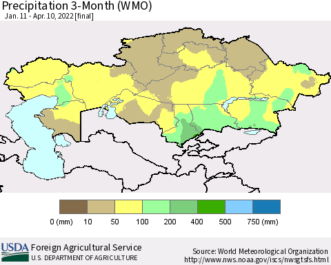 Kazakhstan Precipitation 3-Month (WMO) Thematic Map For 1/11/2022 - 4/10/2022
