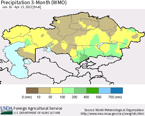 Kazakhstan Precipitation 3-Month (WMO) Thematic Map For 1/16/2022 - 4/15/2022