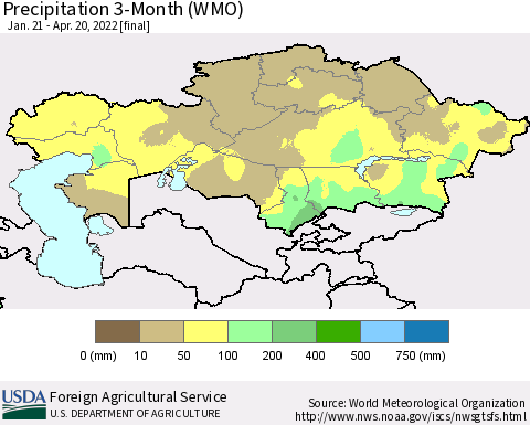 Kazakhstan Precipitation 3-Month (WMO) Thematic Map For 1/21/2022 - 4/20/2022