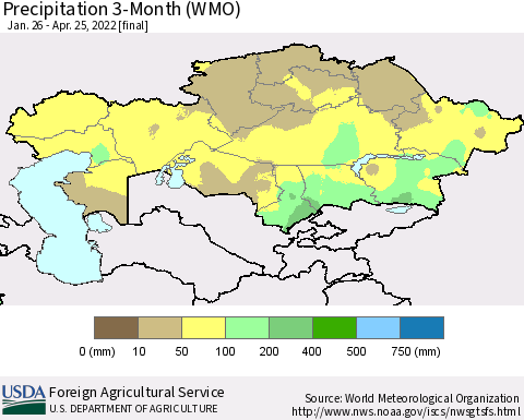 Kazakhstan Precipitation 3-Month (WMO) Thematic Map For 1/26/2022 - 4/25/2022