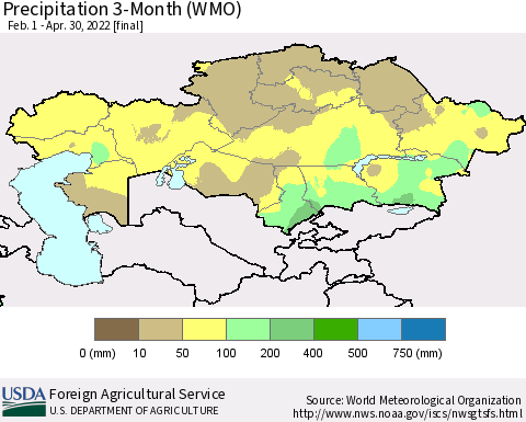 Kazakhstan Precipitation 3-Month (WMO) Thematic Map For 2/1/2022 - 4/30/2022