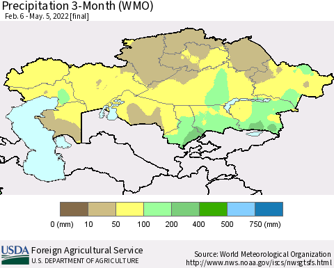 Kazakhstan Precipitation 3-Month (WMO) Thematic Map For 2/6/2022 - 5/5/2022