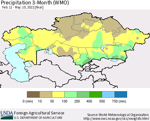 Kazakhstan Precipitation 3-Month (WMO) Thematic Map For 2/11/2022 - 5/10/2022