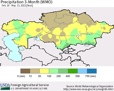 Kazakhstan Precipitation 3-Month (WMO) Thematic Map For 2/16/2022 - 5/15/2022