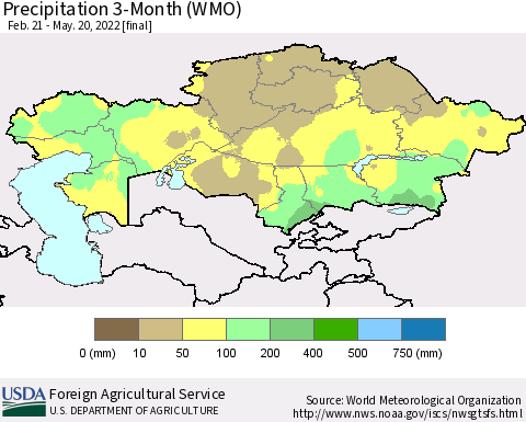 Kazakhstan Precipitation 3-Month (WMO) Thematic Map For 2/21/2022 - 5/20/2022