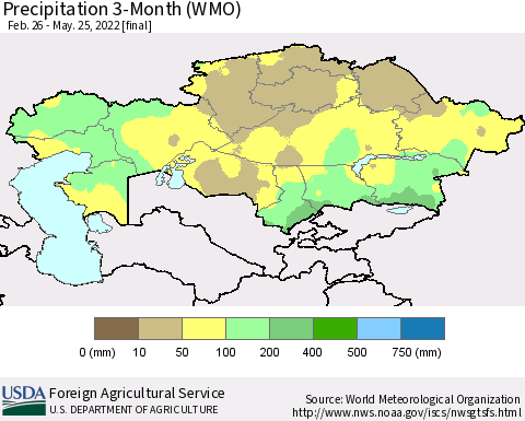 Kazakhstan Precipitation 3-Month (WMO) Thematic Map For 2/26/2022 - 5/25/2022