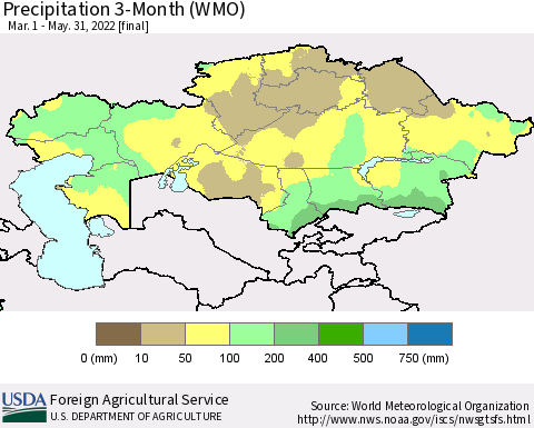Kazakhstan Precipitation 3-Month (WMO) Thematic Map For 3/1/2022 - 5/31/2022