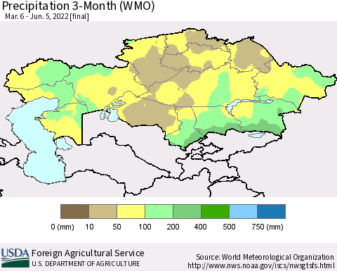 Kazakhstan Precipitation 3-Month (WMO) Thematic Map For 3/6/2022 - 6/5/2022