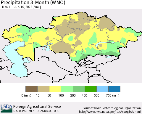 Kazakhstan Precipitation 3-Month (WMO) Thematic Map For 3/11/2022 - 6/10/2022