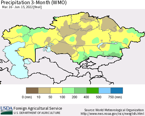 Kazakhstan Precipitation 3-Month (WMO) Thematic Map For 3/16/2022 - 6/15/2022