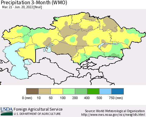 Kazakhstan Precipitation 3-Month (WMO) Thematic Map For 3/21/2022 - 6/20/2022