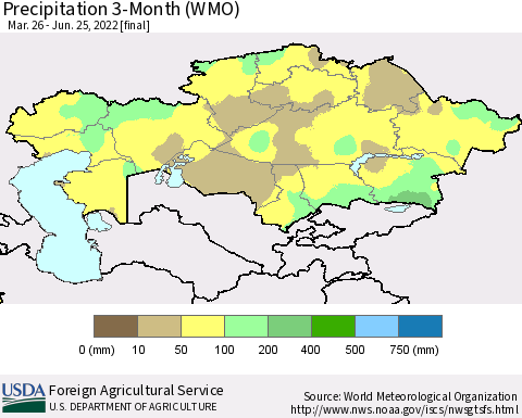 Kazakhstan Precipitation 3-Month (WMO) Thematic Map For 3/26/2022 - 6/25/2022
