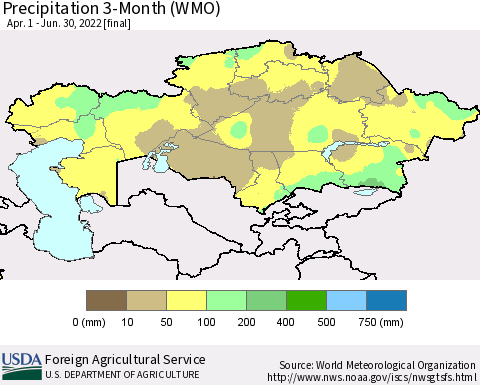 Kazakhstan Precipitation 3-Month (WMO) Thematic Map For 4/1/2022 - 6/30/2022
