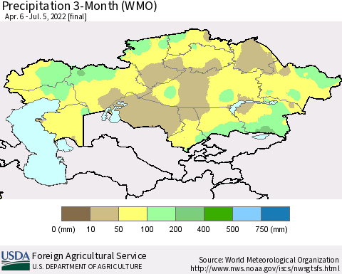 Kazakhstan Precipitation 3-Month (WMO) Thematic Map For 4/6/2022 - 7/5/2022