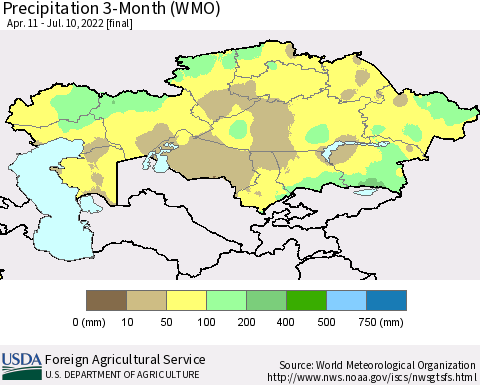 Kazakhstan Precipitation 3-Month (WMO) Thematic Map For 4/11/2022 - 7/10/2022